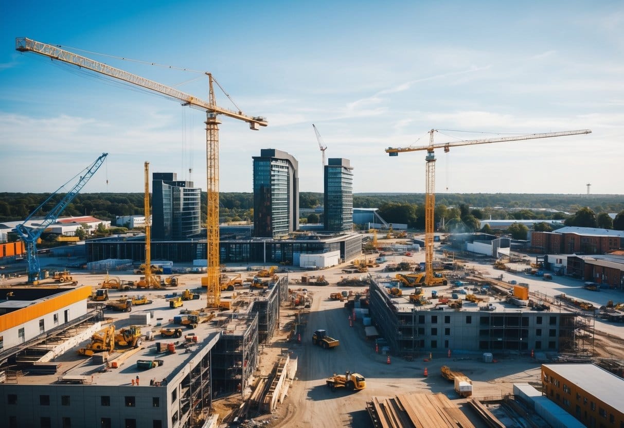 En travl byggeplads i Lyngby med arbejdere og ingeniører der samarbejder om et totalentrepriseprojekt